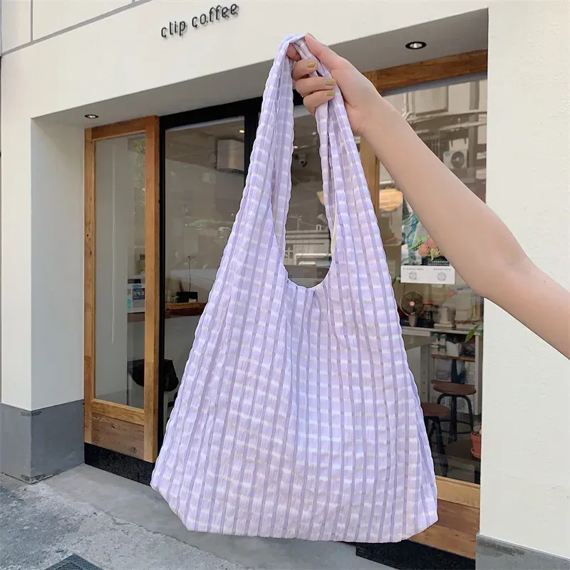 Women Simple Large Capacity Hollow-Out Plaid Canvas Shopping Bag - Image 9
