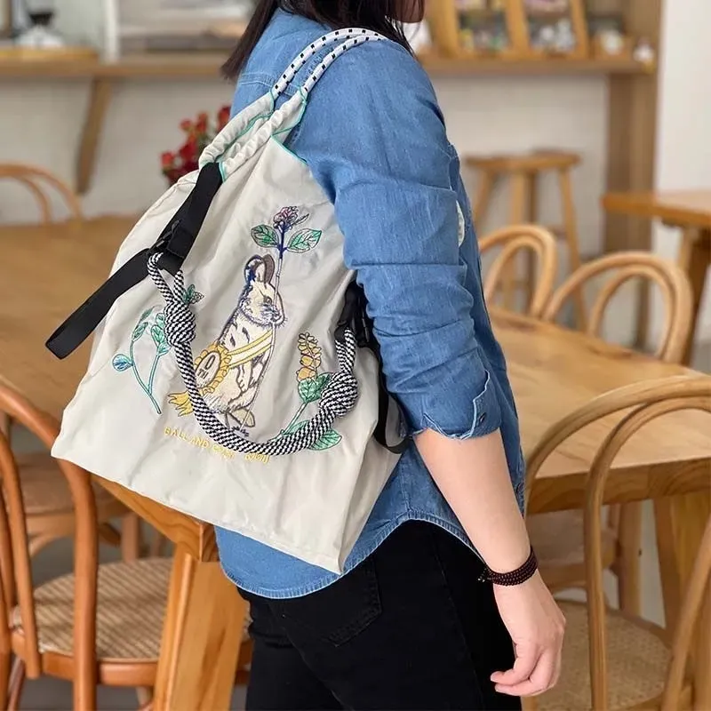 Women Fashion Nylon Embroidered Large Capacity Canvas Shopping Bag - Image 3