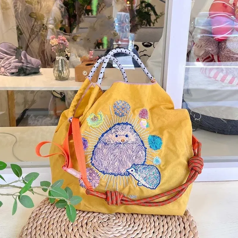 Women Fashion Nylon Embroidered Large Capacity Canvas Shopping Bag - Image 5