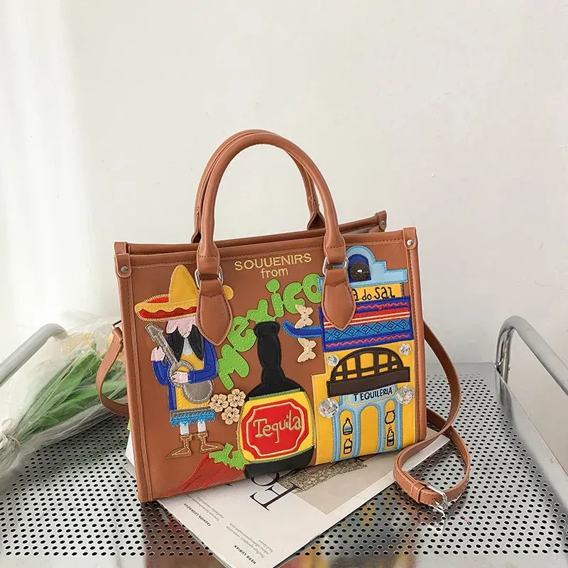 Women Retro Cartoon Pic Large Capacity Handbag - Image 3