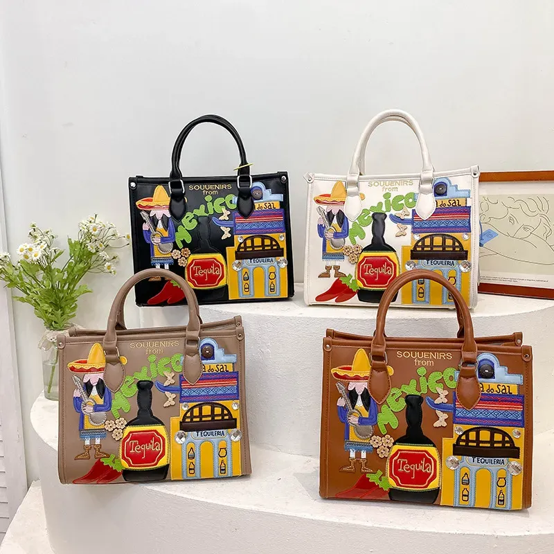 Women Retro Cartoon Pic Large Capacity Handbag - Image 4