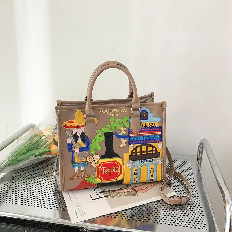 Women Retro Cartoon Pic Large Capacity Handbag - Image 9