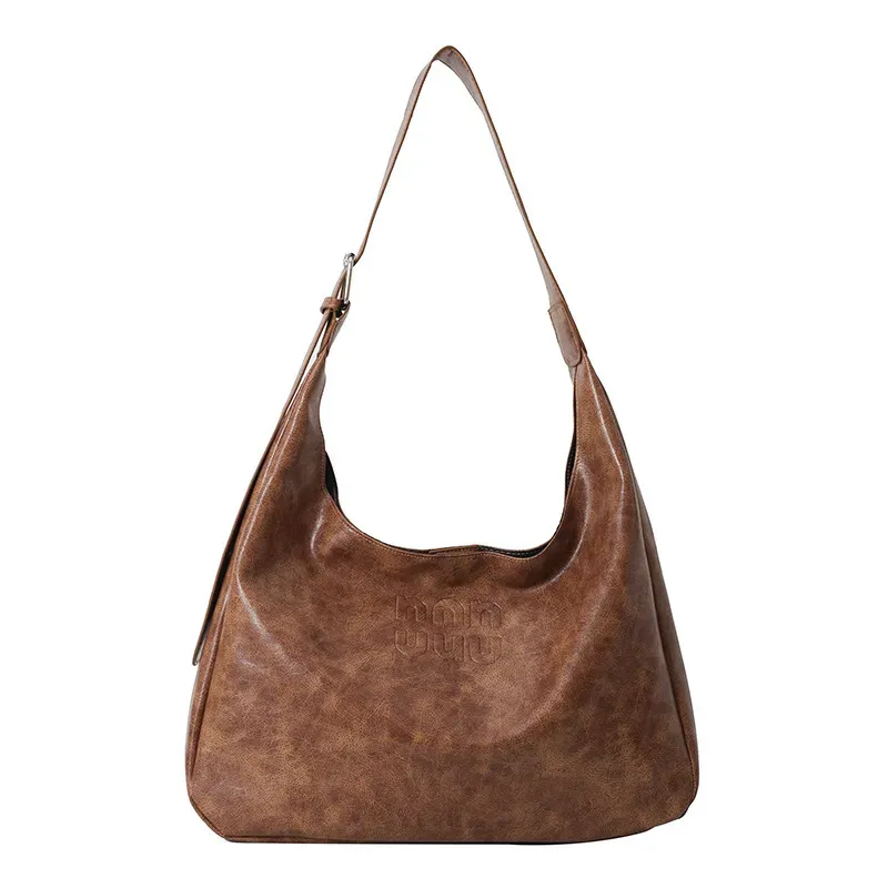 Women Simple Retro Solid Color PU Large Capacity Shoulder Bag - Image 5