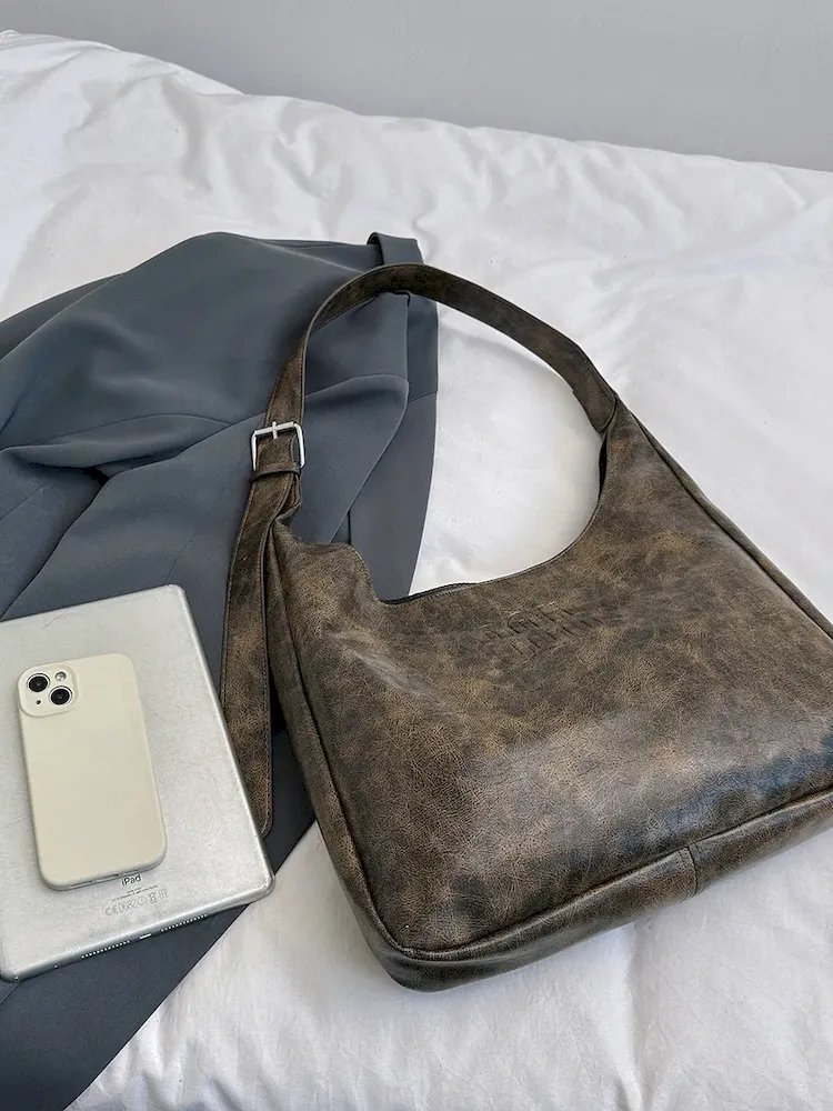 Women Simple Retro Solid Color PU Large Capacity Shoulder Bag - Image 7