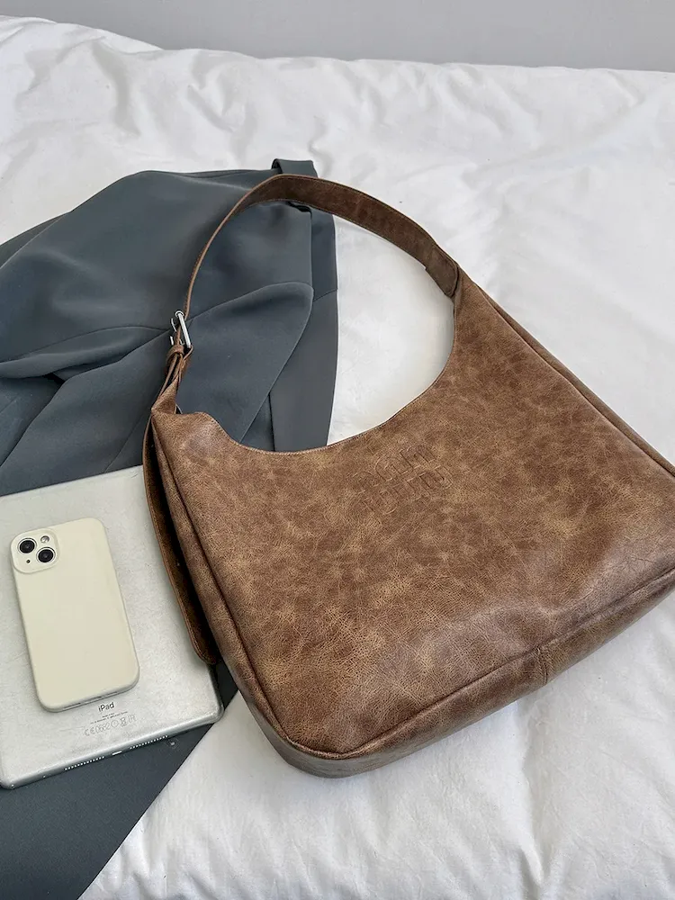 Women Simple Retro Solid Color PU Large Capacity Shoulder Bag - Image 8