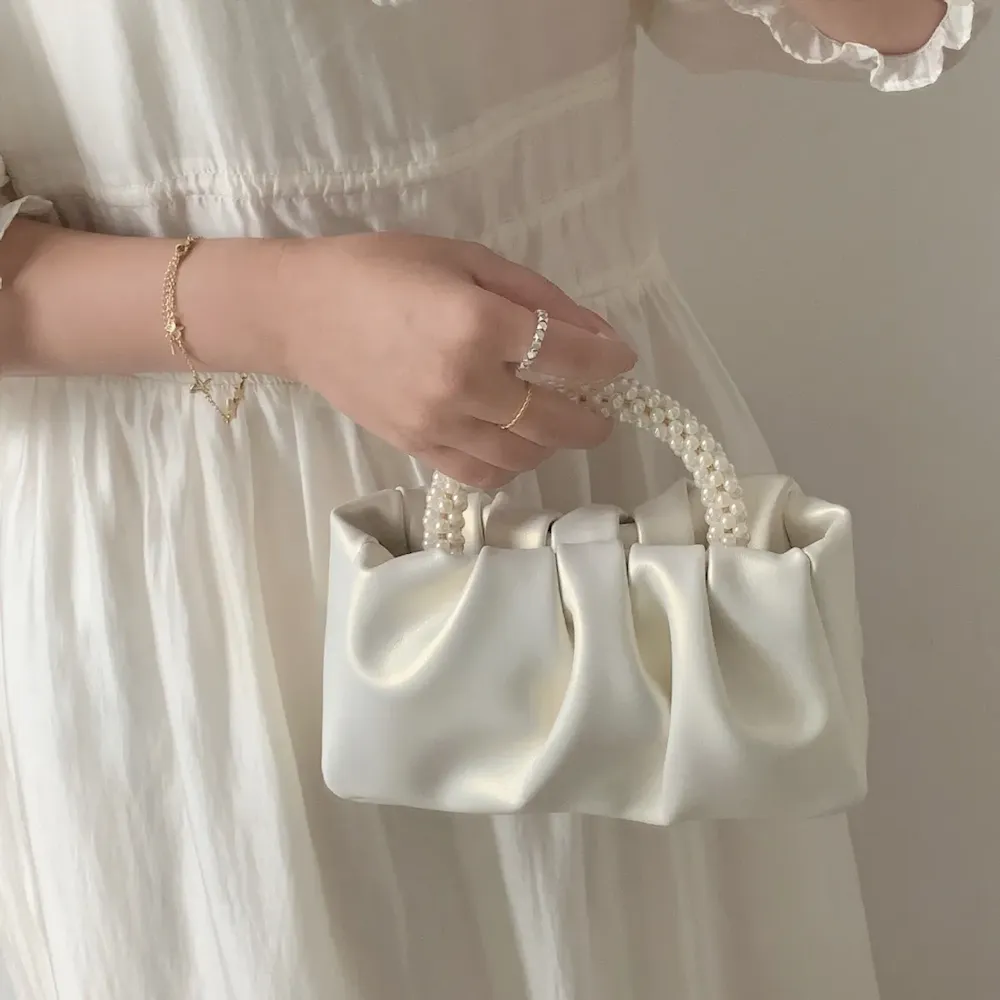 Women Fashion Creased Pearl Handle Crossbody Bag - Image 3