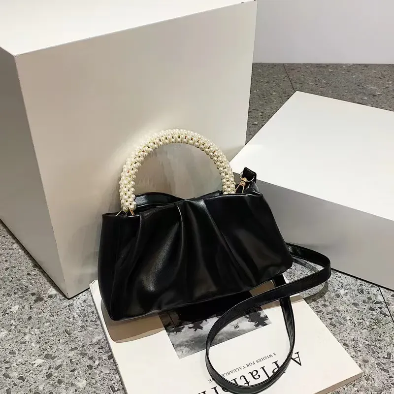 Women Fashion Creased Pearl Handle Crossbody Bag - Image 11