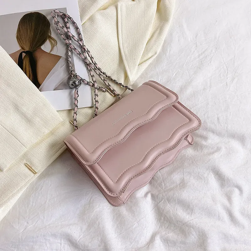 Women Fashionable Simple Solid Color Wave Edge Flap Square Chain Crossbody Bag - Image 7