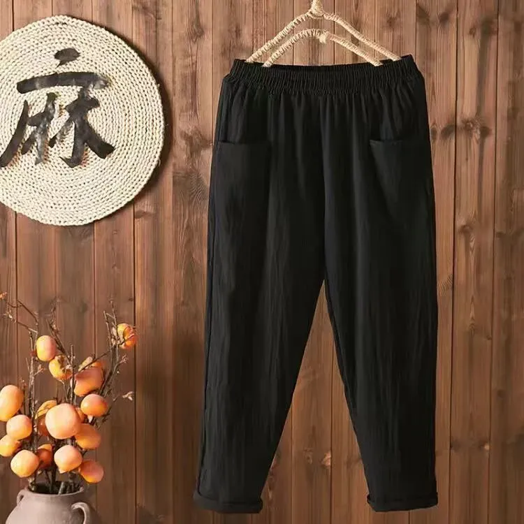Women Casual Solid Color Cotton Linen Cropped Pants - Image 3