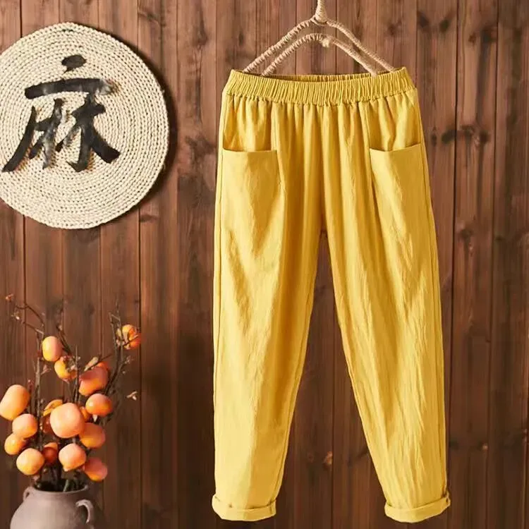 Women Casual Solid Color Cotton Linen Cropped Pants - Image 8