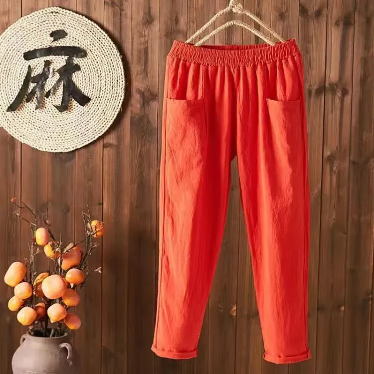 Women Casual Solid Color Cotton Linen Cropped Pants - Image 9