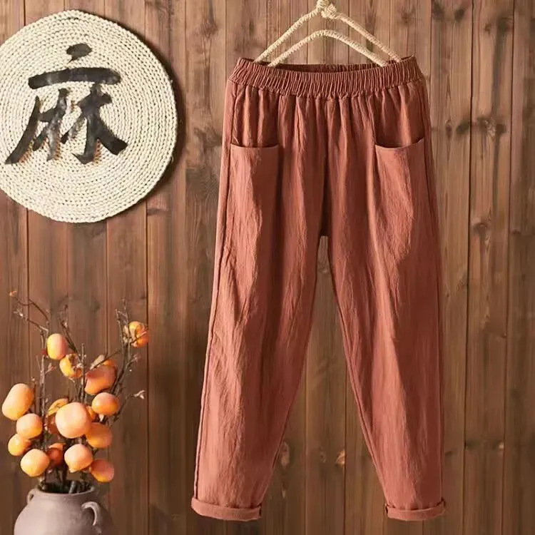 Women Casual Solid Color Cotton Linen Cropped Pants - Image 10