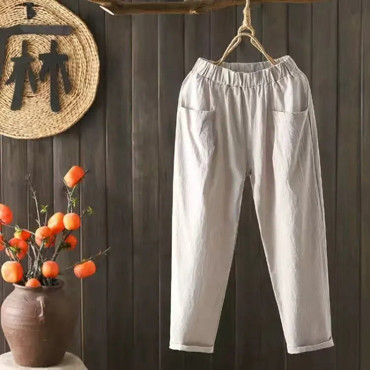 Women Casual Solid Color Cotton Linen Cropped Pants - Image 11