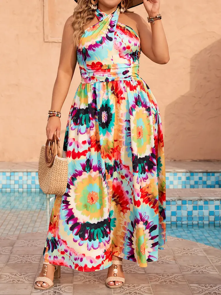 Summer Women Fashion Bohemian Beach Vacation Halter Neck Graphic Printing Plus Size Dress - Image 4