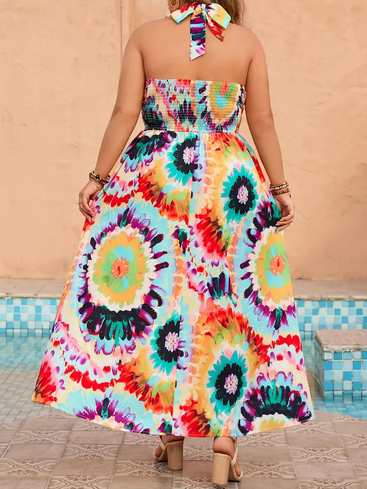 Summer Women Fashion Bohemian Beach Vacation Halter Neck Graphic Printing Plus Size Dress - Image 5