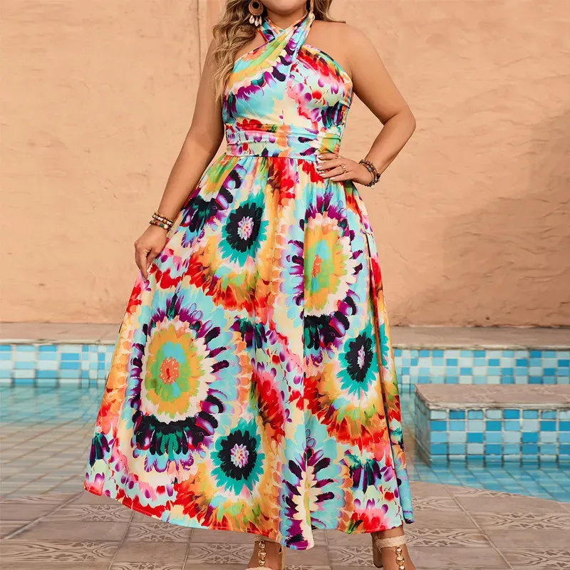 Summer Women Fashion Bohemian Beach Vacation Halter Neck Graphic Printing Plus Size Dress - Image 6