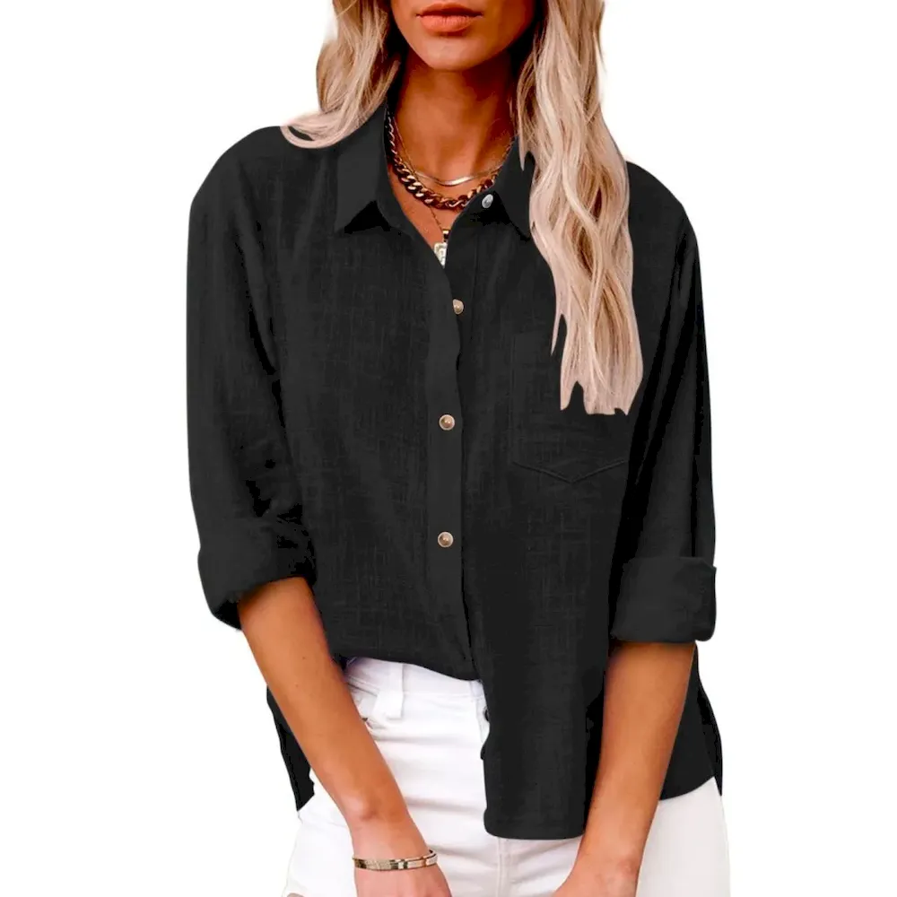 Women Casual Solid Color Cotton Linen Blouses - Image 7