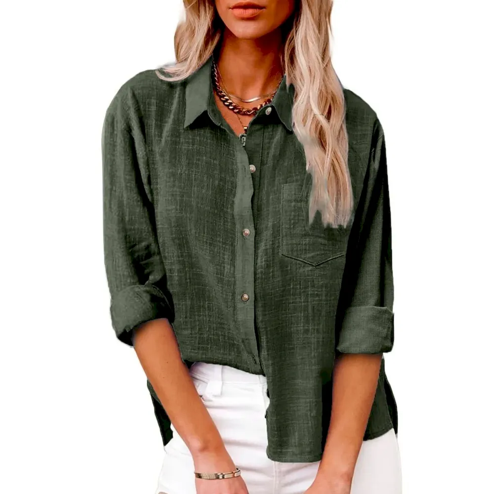 Women Casual Solid Color Cotton Linen Blouses - Image 8