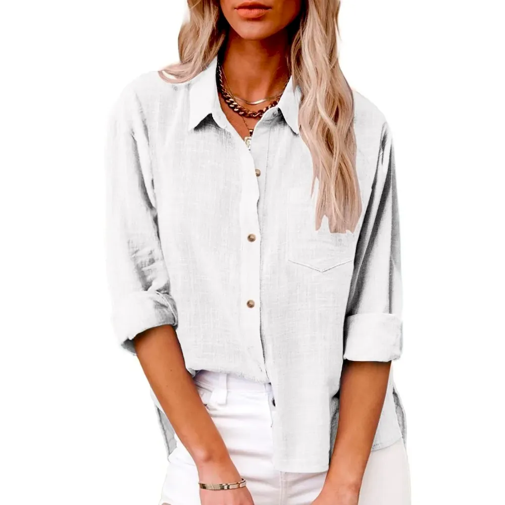 Women Casual Solid Color Cotton Linen Blouses - Image 9