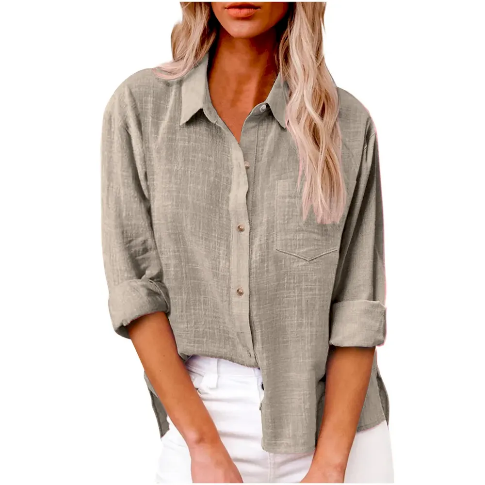 Women Casual Solid Color Cotton Linen Blouses - Image 20