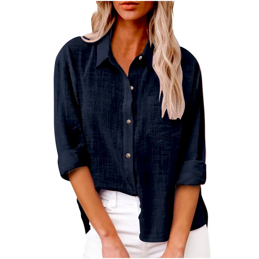 Women Casual Solid Color Cotton Linen Blouses - Image 21