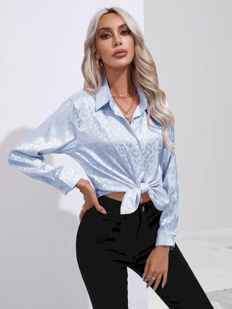 Women Fashion Leopard Satin Silk Long Sleeve Shirt - Image 3