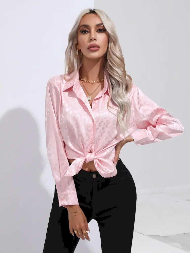 Women Fashion Leopard Satin Silk Long Sleeve Shirt - Image 6