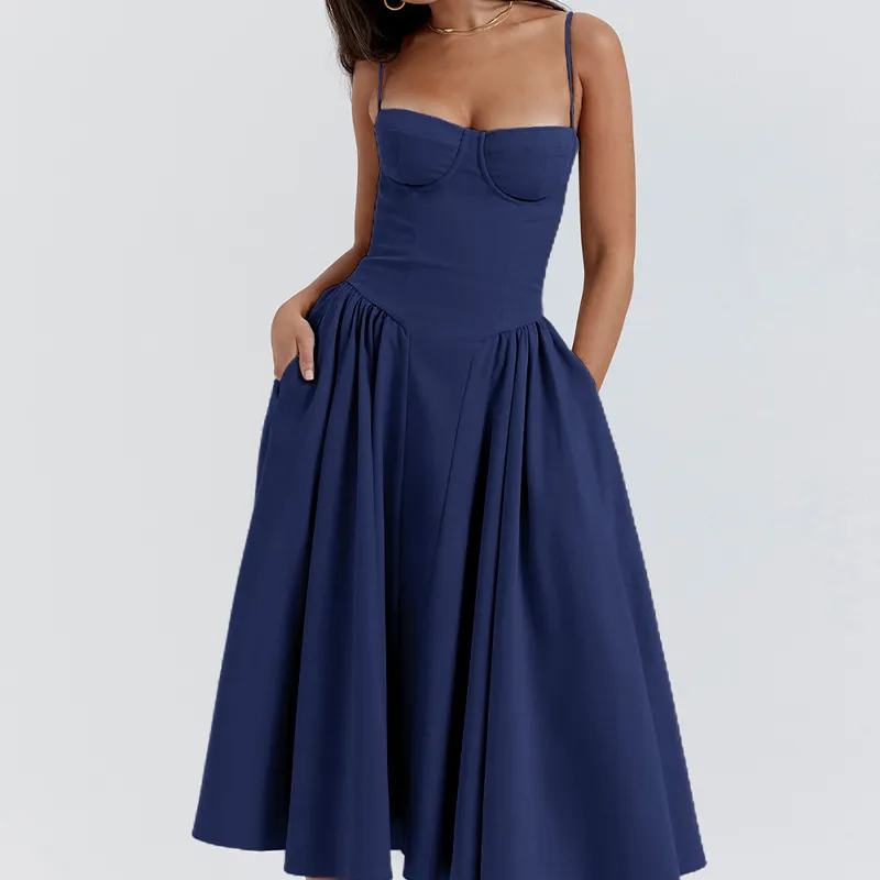 Summer Women Elegant Retro Style Dopamine Color Wear Sling Swing Midi Dress - Image 3