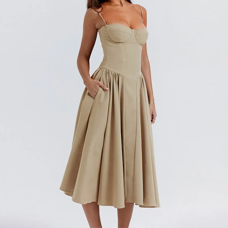 Summer Women Elegant Retro Style Dopamine Color Wear Sling Swing Midi Dress - Image 6