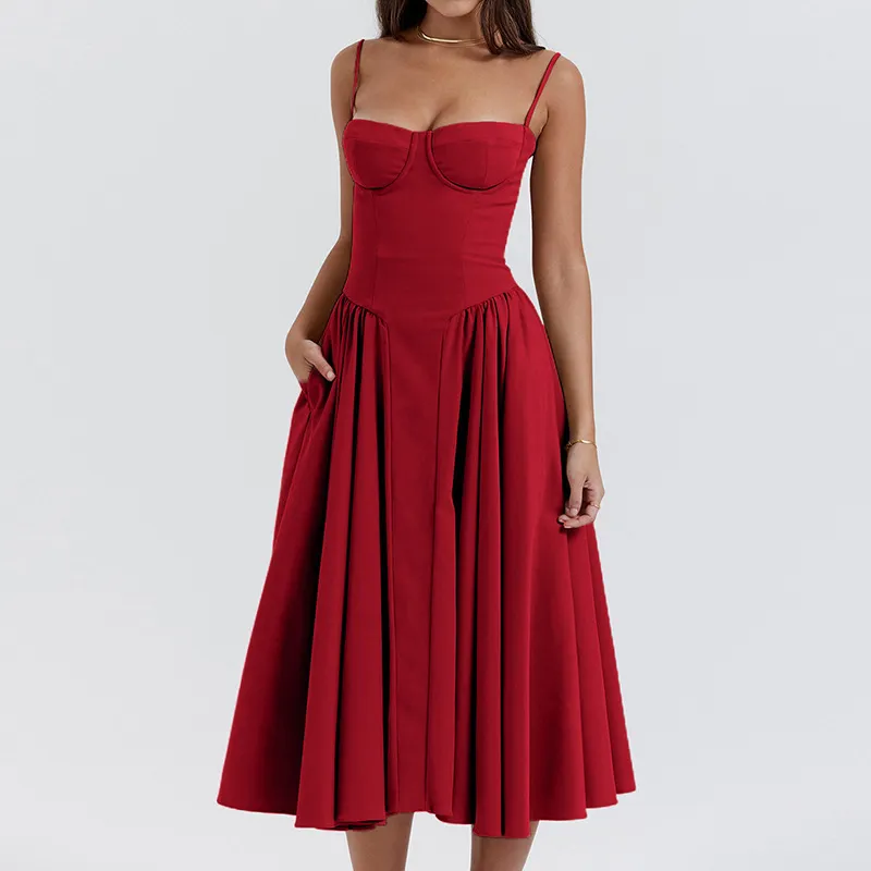Summer Women Elegant Retro Style Dopamine Color Wear Sling Swing Midi Dress - Image 8