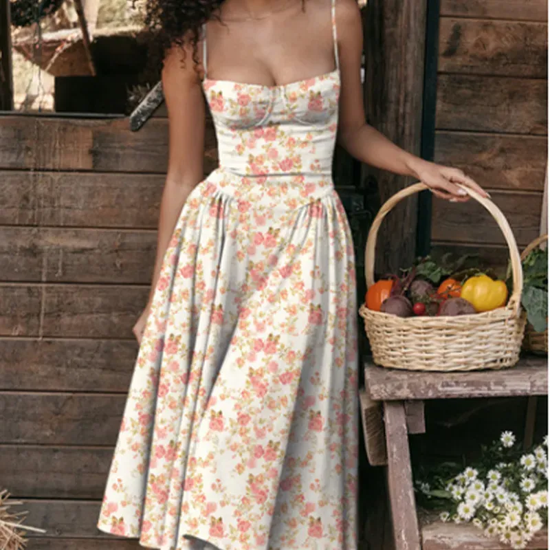 Summer Women Elegant Retro Style Dopamine Color Wear Sling Swing Midi Dress - Image 11
