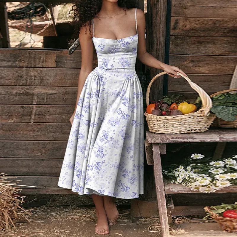 Summer Women Elegant Retro Style Dopamine Color Wear Sling Swing Midi Dress - Image 12