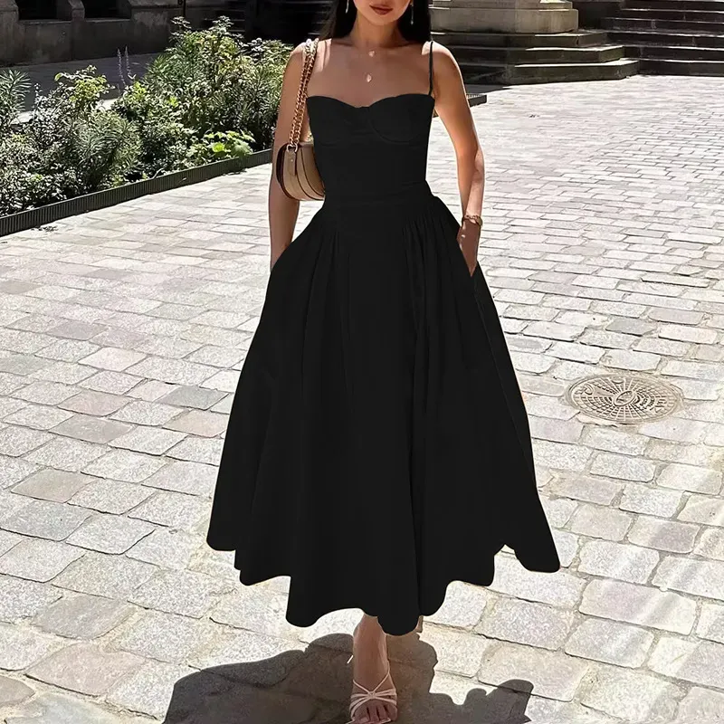 Summer Women Elegant Retro Style Dopamine Color Wear Sling Swing Midi Dress - Image 15