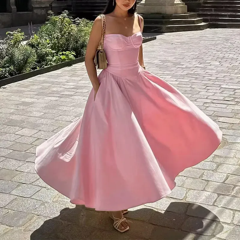 Summer Women Elegant Retro Style Dopamine Color Wear Sling Swing Midi Dress - Image 16