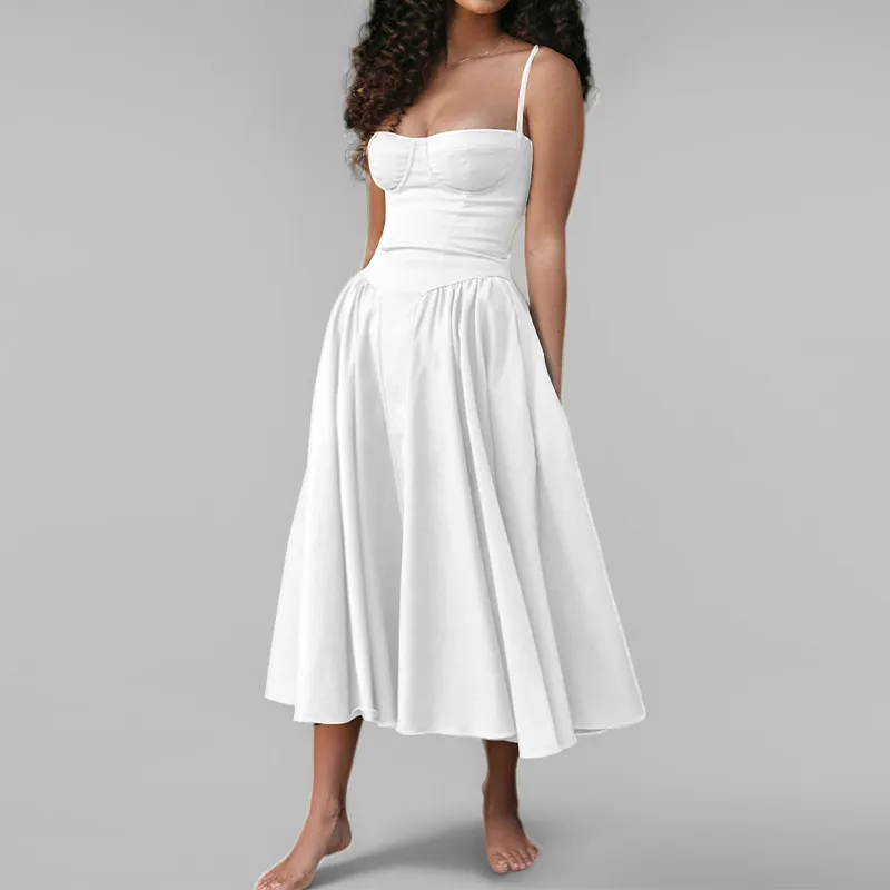 Summer Women Elegant Retro Style Dopamine Color Wear Sling Swing Midi Dress - Image 17