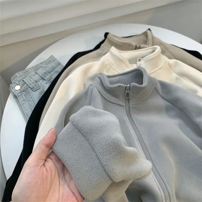 Autumn Winter Women Fashion Thickened Fleece-Lined Collar Zipper Long Sleeve Sweatshirt - Image 3