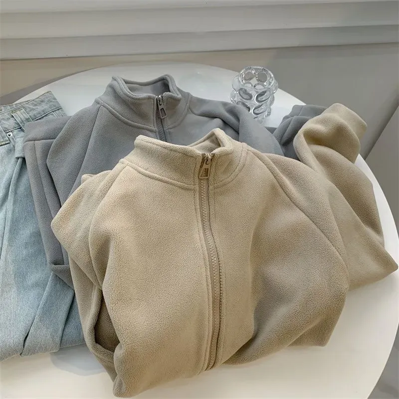 Autumn Winter Women Fashion Thickened Fleece-Lined Collar Zipper Long Sleeve Sweatshirt - Image 4