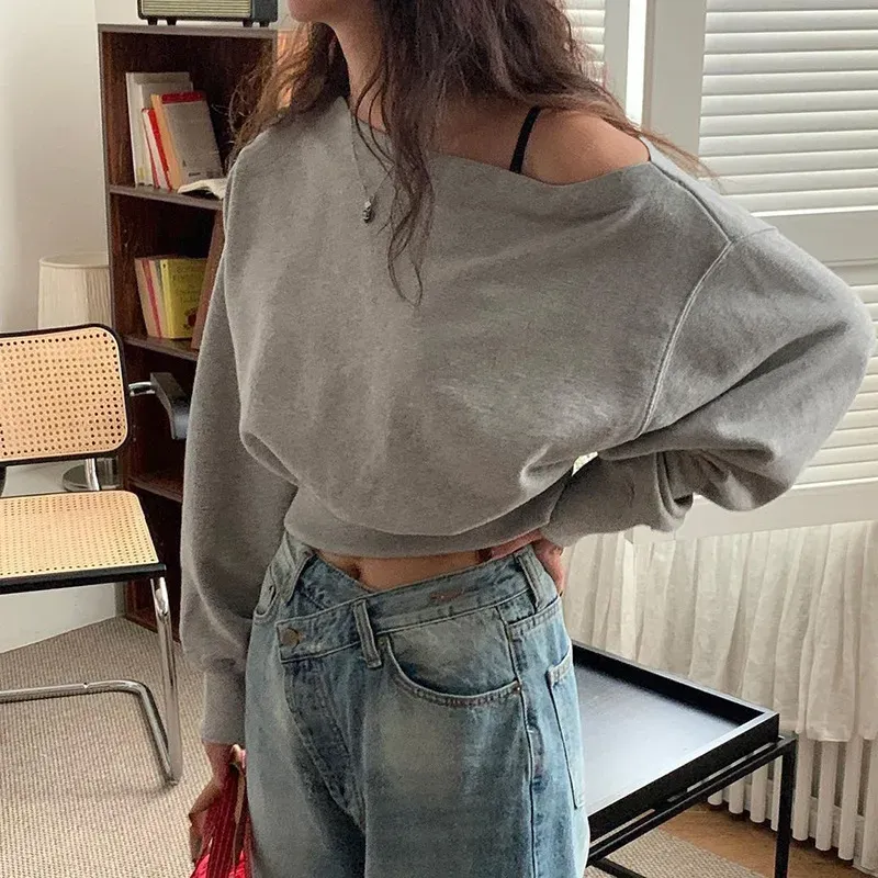 Women Fashion Sexy Off Shoulder Long Sleeve Crop Blank Sweatshirt - Image 4