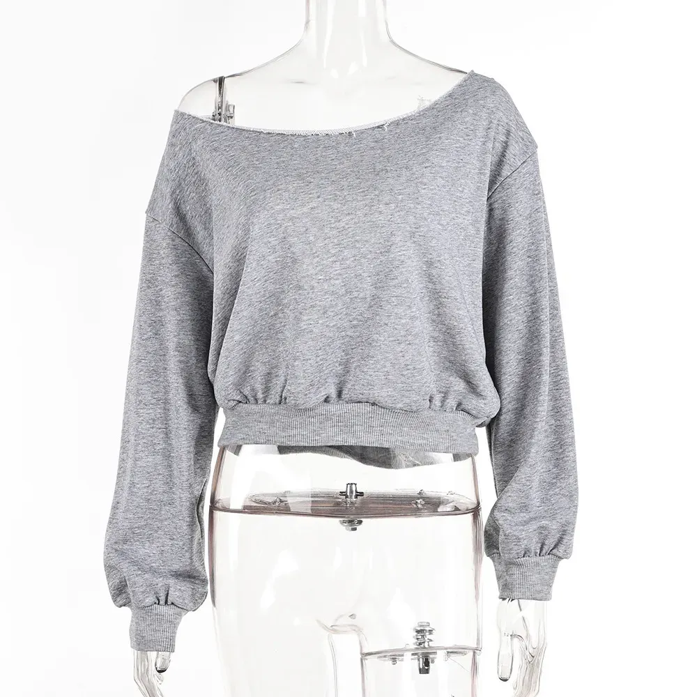 Women Fashion Sexy Off Shoulder Long Sleeve Crop Blank Sweatshirt - Image 5