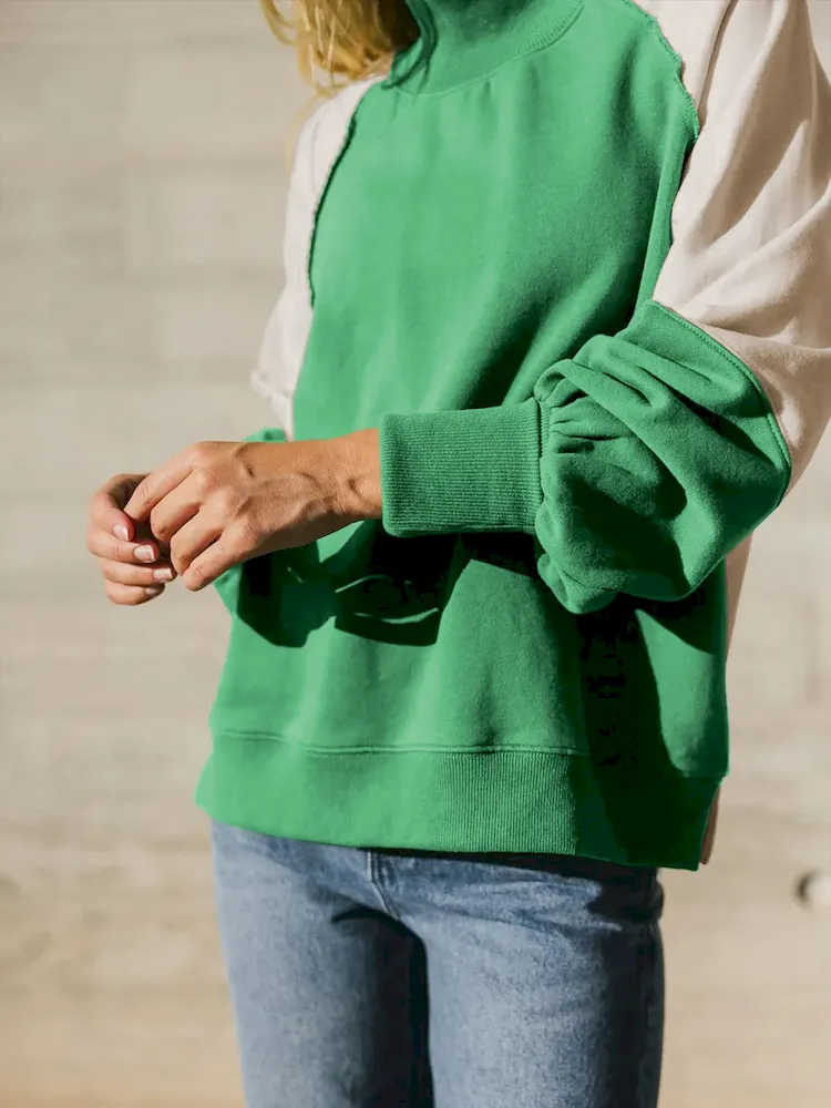Autumn Winter Women Fashion Loose Colorblock Half-Turtleneck Puff Sleeve Sweatshirt - Image 4