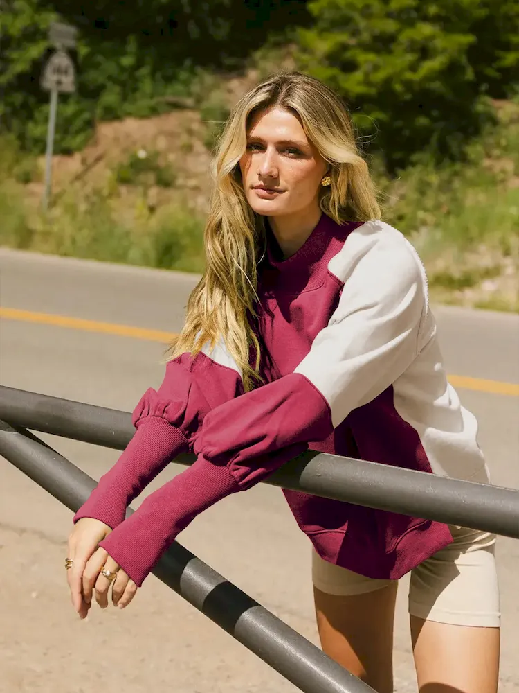 Autumn Winter Women Fashion Loose Colorblock Half-Turtleneck Puff Sleeve Sweatshirt - Image 5