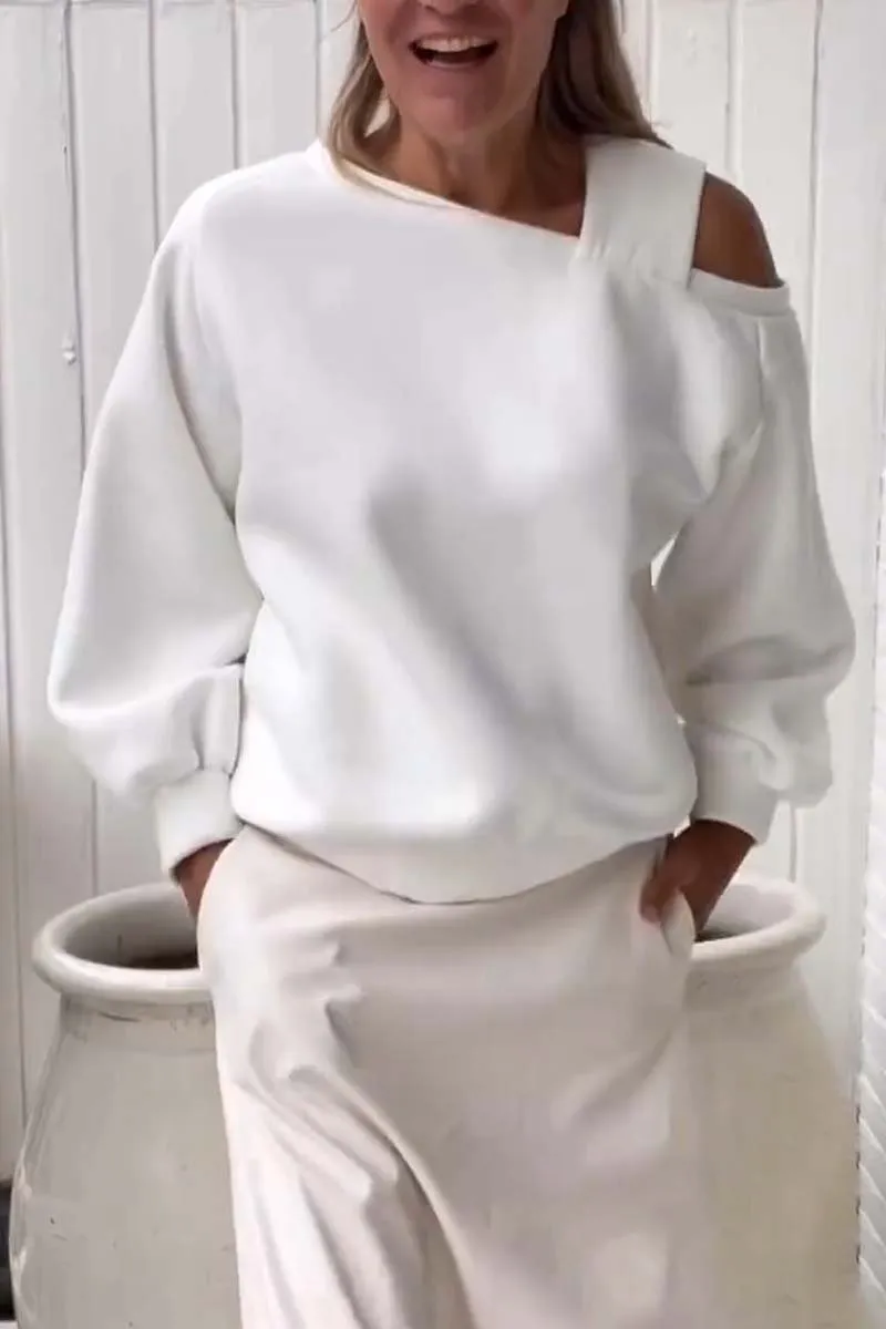 Autumn Winter Women Fashion Solid Color Shoulder Loose Long Sleeve Sweatshirt - Image 6
