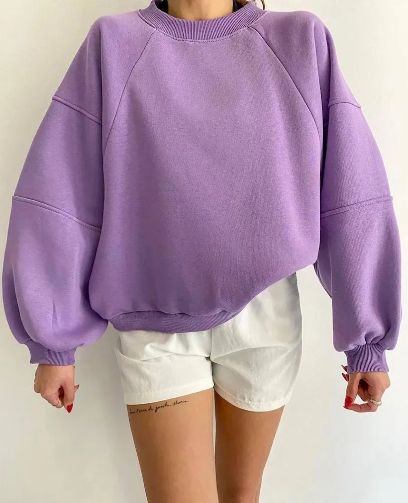 Autumn Winter Women Fashion Solid Color Loose Round Neck Long Sleeve Blank Sweatshirt - Image 4