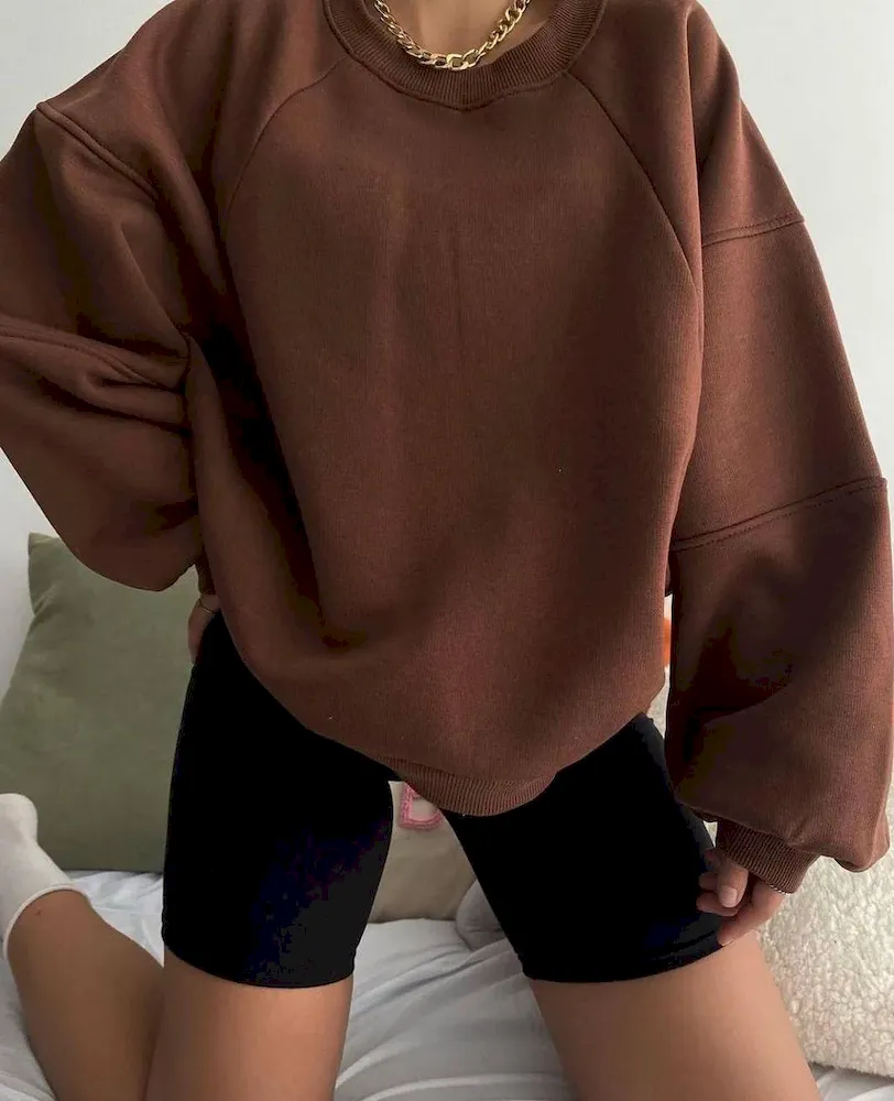 Autumn Winter Women Fashion Solid Color Loose Round Neck Long Sleeve Blank Sweatshirt - Image 5
