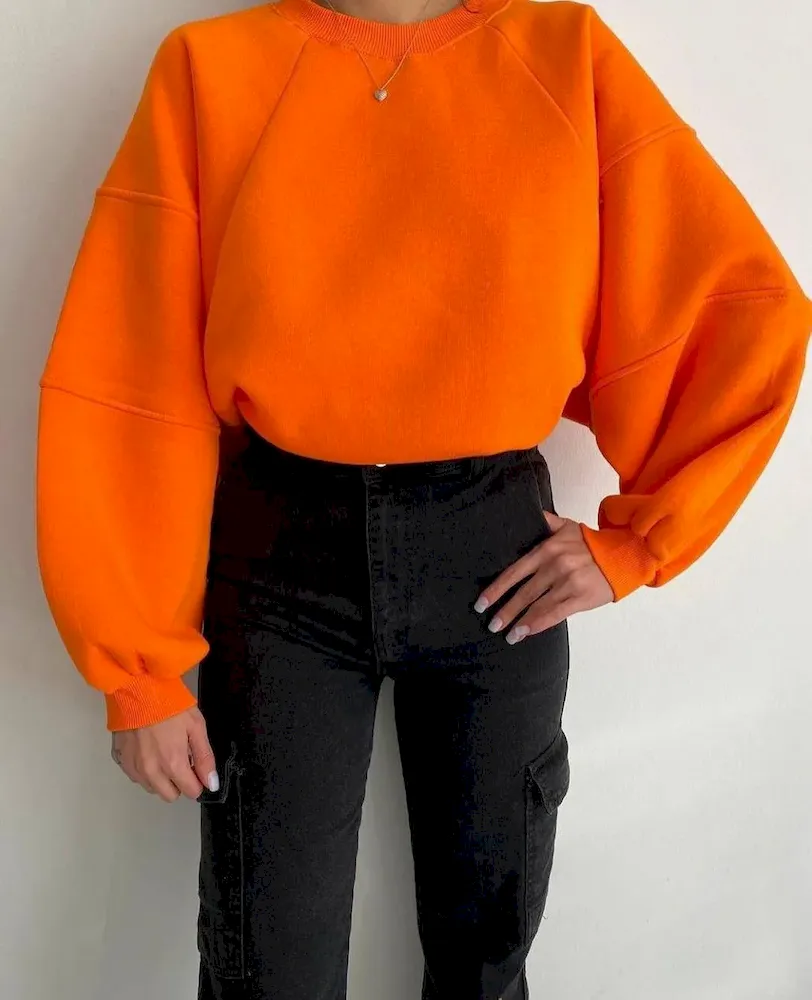 Autumn Winter Women Fashion Solid Color Loose Round Neck Long Sleeve Blank Sweatshirt - Image 6