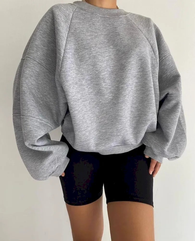 Autumn Winter Women Fashion Solid Color Loose Round Neck Long Sleeve Blank Sweatshirt - Image 7