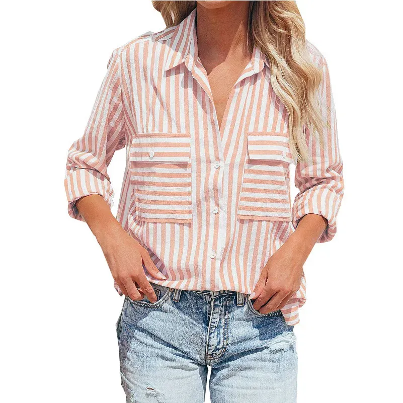 Women Casual Cotton Stripe Single-Breasted Long-Sleeved Shirt Blouse - Image 5