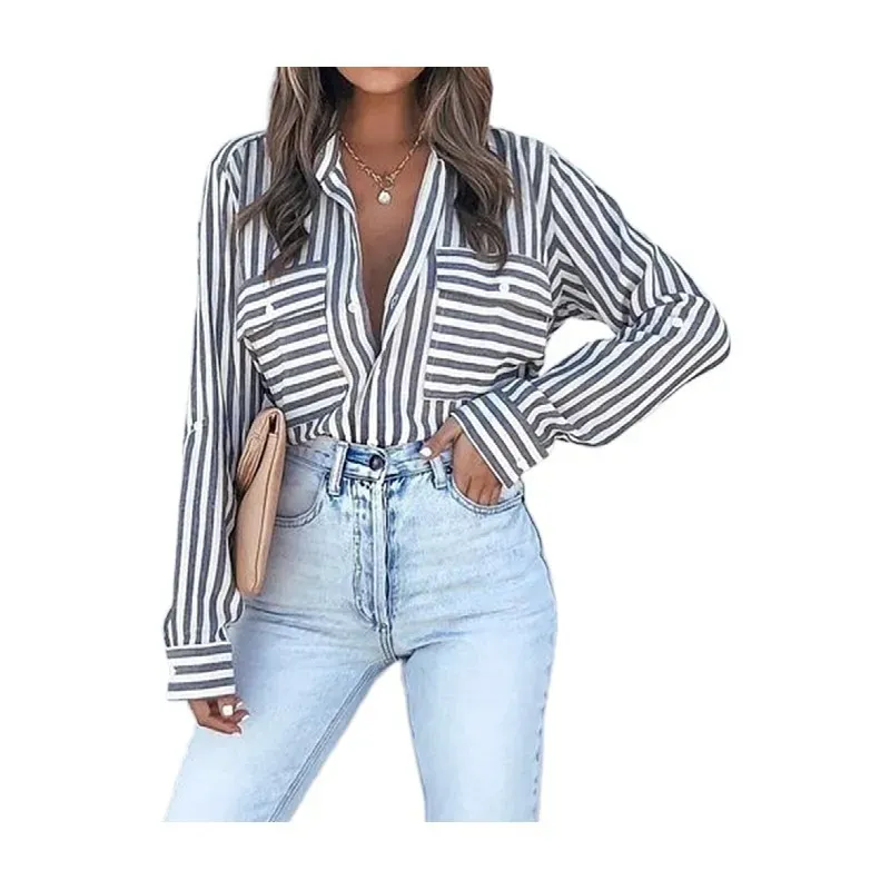 Women Casual Cotton Stripe Single-Breasted Long-Sleeved Shirt Blouse - Image 6