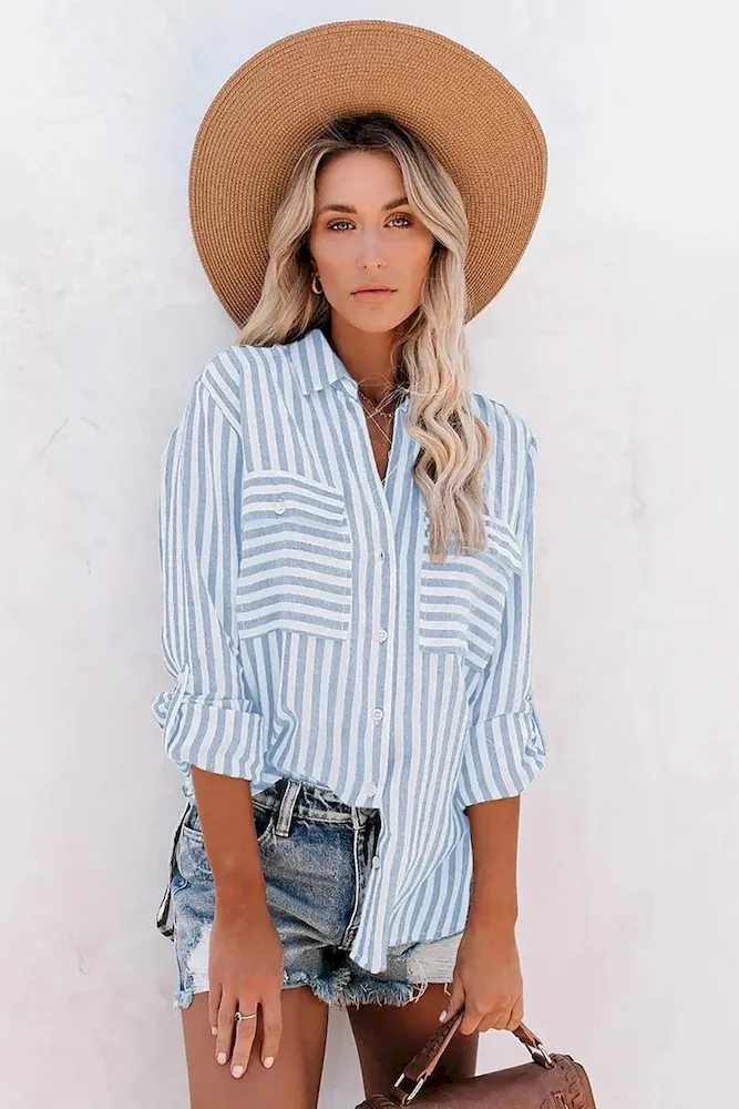 Women Casual Cotton Stripe Single-Breasted Long-Sleeved Shirt Blouse - Image 9