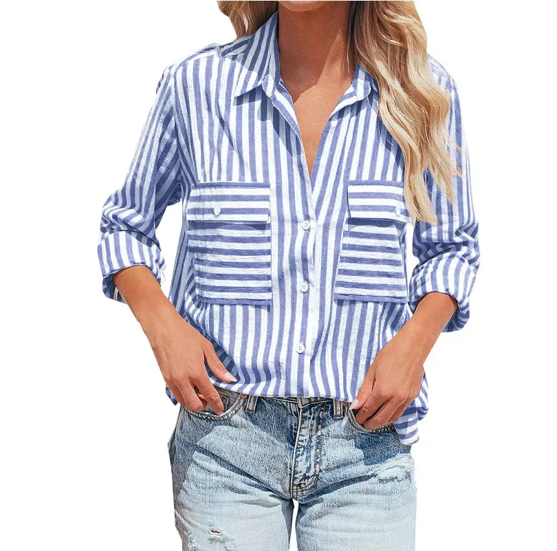 Women Casual Cotton Stripe Single-Breasted Long-Sleeved Shirt Blouse - Image 10